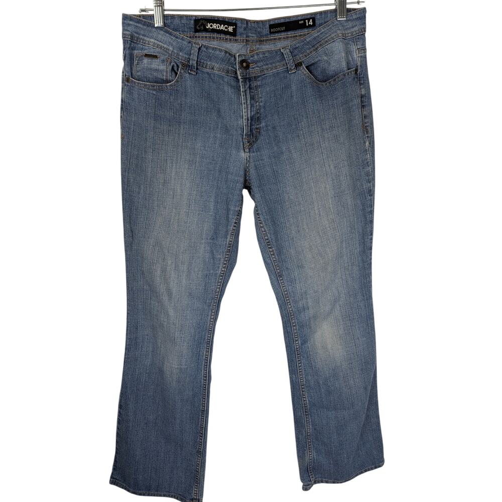 Jordache Bootcut Jeans Size 14 Medium Wash Stretch Denim Whiskered Flap Pocket